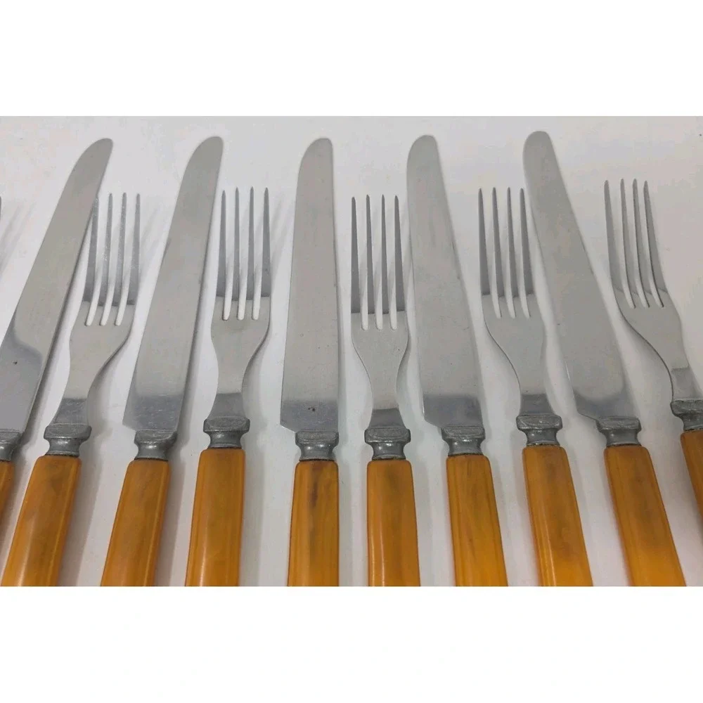 Butterscotch Bakelite Flatware‎ Knives and Forks Lot of 12 U25